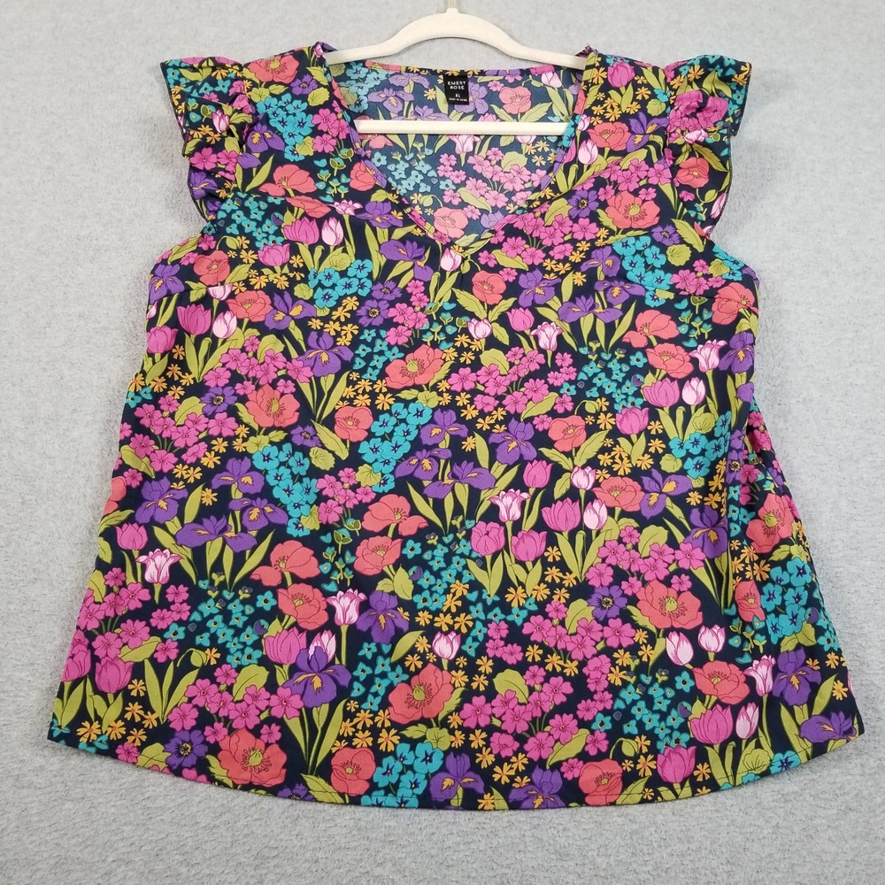 Emery Rose Blouse Women XL Floral Ruffle Sleeve V-Neck Casual Top Spring Cottage